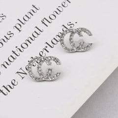 Silver Pave Crystal Stud Earrings - Interlocking CC Design