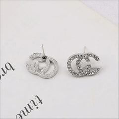 Silver Pave Crystal Stud Earrings - Interlocking CC Design