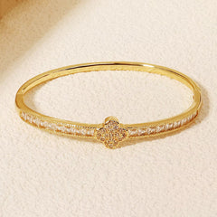 Golden Clover Zirconia Bangle Bracelet - Sparkling Four Leaf Clover