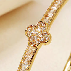 Golden Clover Zirconia Bangle Bracelet - Sparkling Four Leaf Clover