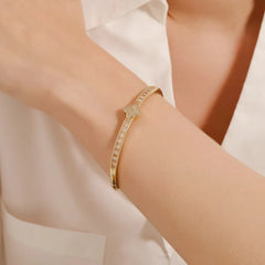 Golden Clover Zirconia Bangle Bracelet - Sparkling Four Leaf Clover