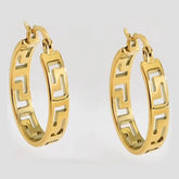 Gold Greek Key Pattern Hoop Earrings - Meander Design Huggies