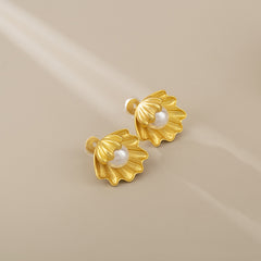 Gold Scallop Shell Pearl Stud Earrings - Ocean Inspired Jewelry