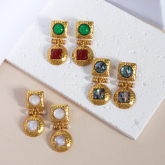 Vintage-Inspired Gold Dangle Earrings with Pearl and Gemstone Accents