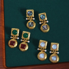 Vintage-Inspired Gold Dangle Earrings with Pearl and Gemstone Accents