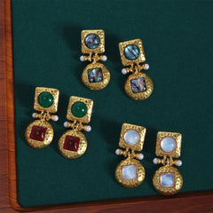 Vintage-Inspired Gold Dangle Earrings with Pearl and Gemstone Accents