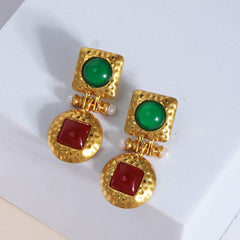 Vintage-Inspired Gold Dangle Earrings with Pearl and Gemstone Accents