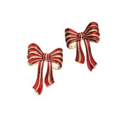 Enamel Red Bow Stud Earrings with Gold Outline