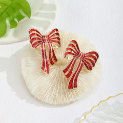 Enamel Red Bow Stud Earrings with Gold Outline