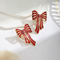 Enamel Red Bow Stud Earrings with Gold Outline