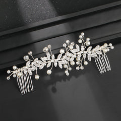 Crystal Bridal Hair Comb with Rhinestone Leaves & Pearls