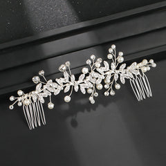 Crystal Bridal Hair Comb with Rhinestone Leaves & Pearls