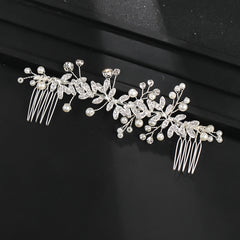 Crystal Bridal Hair Comb with Rhinestone Leaves & Pearls