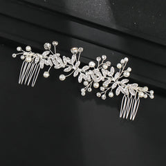 Crystal Bridal Hair Comb with Rhinestone Leaves & Pearls