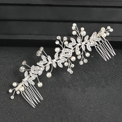 Crystal Bridal Hair Comb with Rhinestone Leaves & Pearls