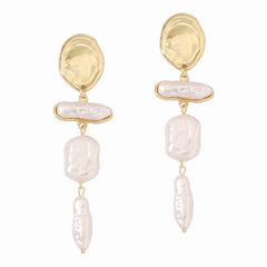 Elegant Baroque Pearl Long Drop Earrings with Gold Detail