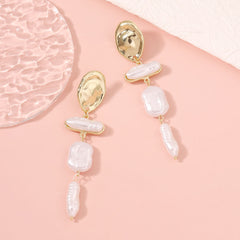 Elegant Baroque Pearl Long Drop Earrings with Gold Detail