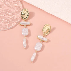 Elegant Baroque Pearl Long Drop Earrings with Gold Detail