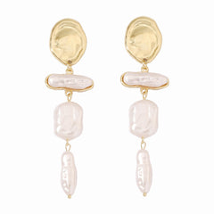 Elegant Baroque Pearl Long Drop Earrings with Gold Detail