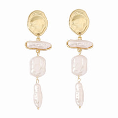 Elegant Baroque Pearl Long Drop Earrings with Gold Detail