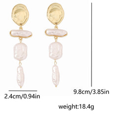 Elegant Baroque Pearl Long Drop Earrings with Gold Detail