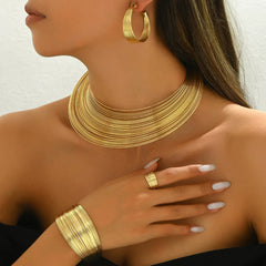 Multi-Layer Gold Choker Necklace Set - Statement Earrings, Bracelet & Ring