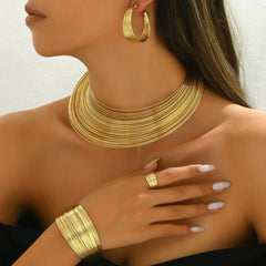 Multi-Layer Gold Choker Necklace Set - Statement Earrings, Bracelet & Ring