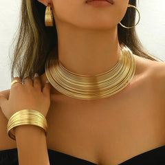 Multi-Layer Gold Choker Necklace Set - Statement Earrings, Bracelet & Ring