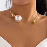 Modern Pearl & Gold Open Cuff Choker Necklace