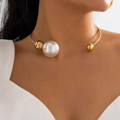 Modern Pearl & Gold Open Cuff Choker Necklace