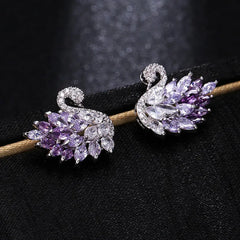 Elegant Purple Swan Earrings with Zirconia