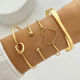 Gold Stackable Bangle Bracelet Set - Heart & Knot Design - Trendy Arm Cuffs