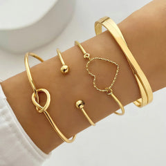 Gold Stackable Bangle Bracelet Set - Heart & Knot Design - Trendy Arm Cuffs