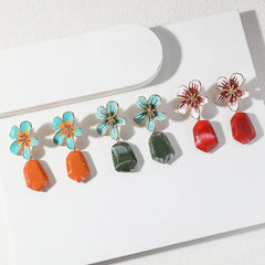 Chic Metal Flower Drop Earrings with Green Stone