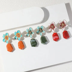 Chic Metal Flower Drop Earrings with Green Stone