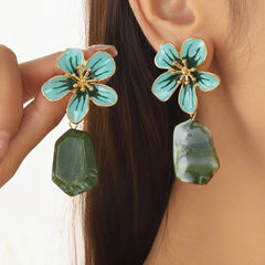 Chic Metal Flower Drop Earrings with Green Stone