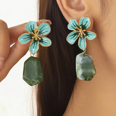 Chic Metal Flower Drop Earrings with Green Stone