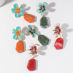Chic Metal Flower Drop Earrings with Green Stone