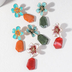 Chic Metal Flower Drop Earrings with Green Stone