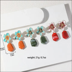 Chic Metal Flower Drop Earrings with Green Stone