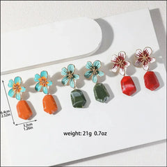 Chic Metal Flower Drop Earrings with Green Stone