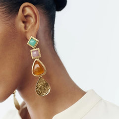 Elegant Retro Geometric Colourful Resin & Gold Drop Earrings