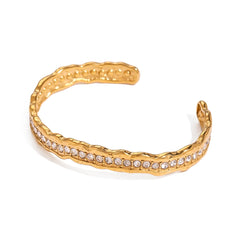 Irregular Hammered Gold Cuff Bangle Bracelet with Rhinestones