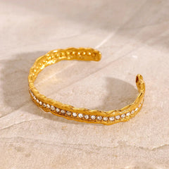 Irregular Hammered Gold Cuff Bangle Bracelet with Rhinestones