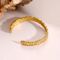 Irregular Hammered Gold Cuff Bangle Bracelet with Rhinestones