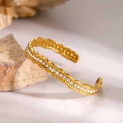 Irregular Hammered Gold Cuff Bangle Bracelet with Rhinestones
