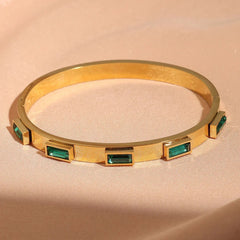 Dazzling Gold Baguette Stone Bangle Bracelet - Emerald Green
