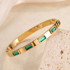 Dazzling Gold Baguette Stone Bangle Bracelet - Emerald Green