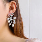 Sparkling Bow & Pearl Drop Earrings - Zircon Embellished Bridal & Wedding Jewelry