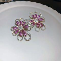 Dazzling Pink & Gold Rhinestone Flower Earrings - Statement Floral Jewelry